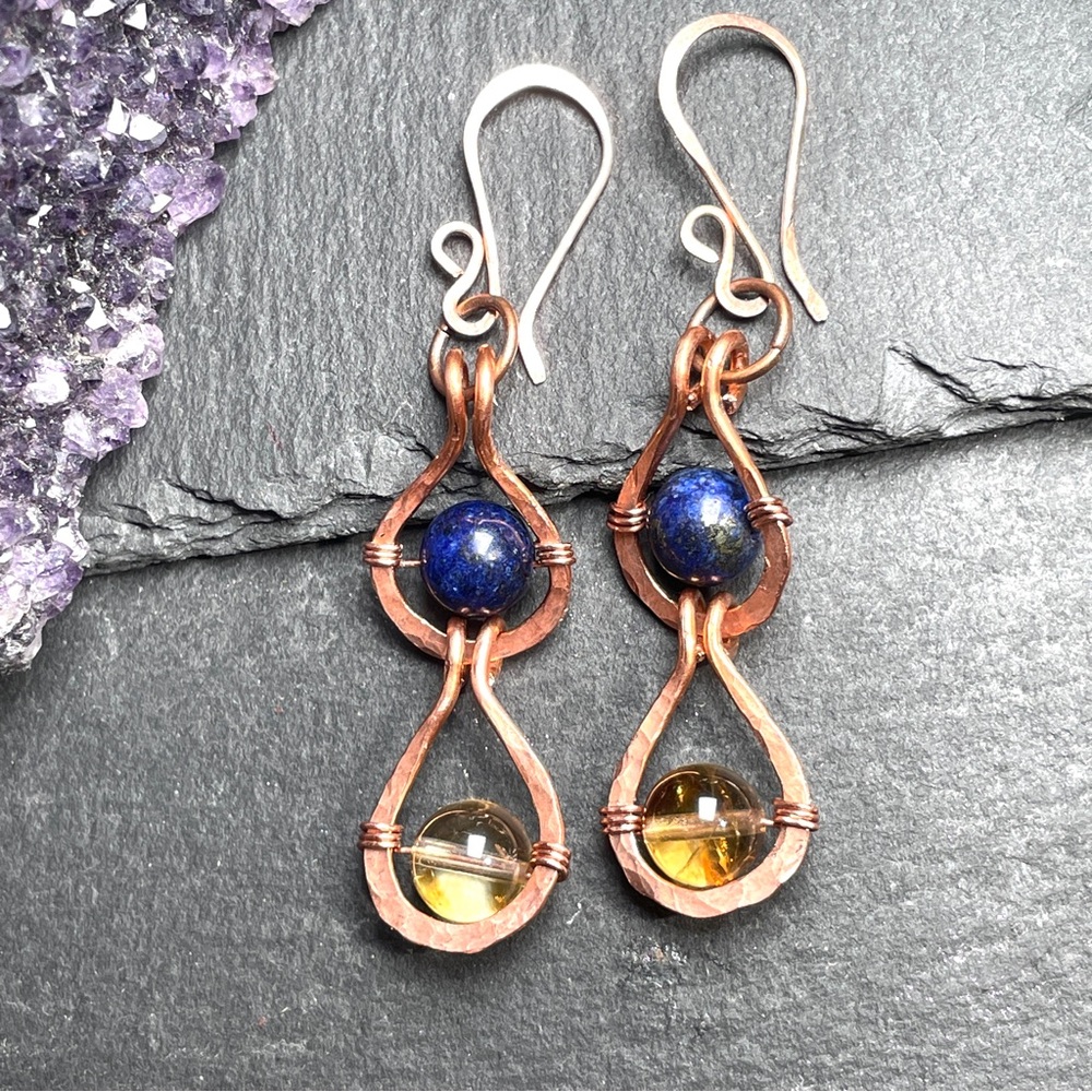 Citrine And and Blue Lapiz Lazuli Gemstone Copper Boho Artisan Earrings - Picture 3 of 11